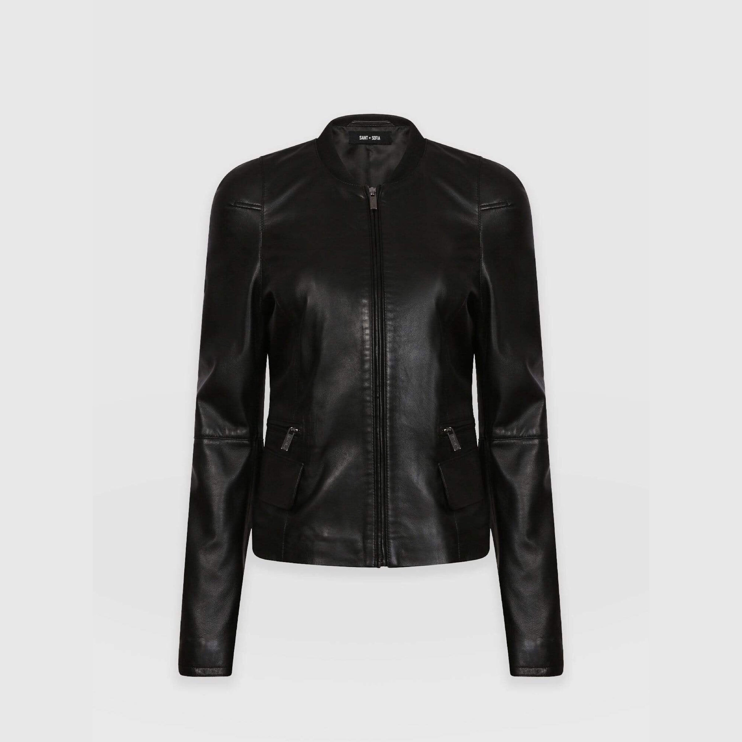 Ladies collarless store leather jacket