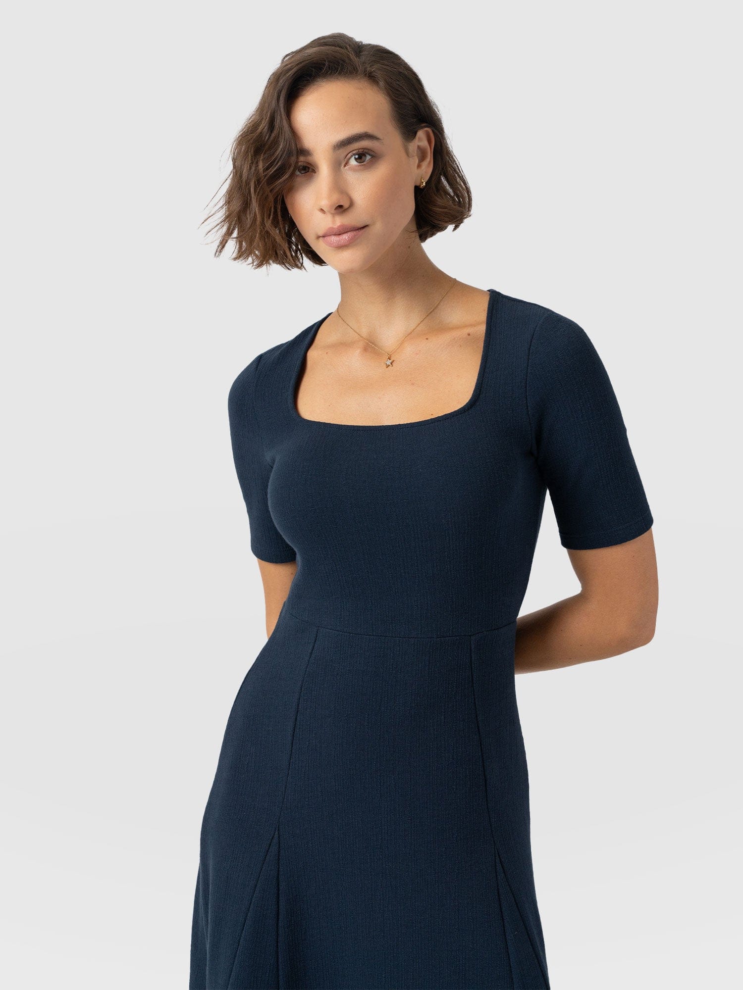Akia Short Sleeve Dress - Navy Textured - Women's Dresses | Saint and Sofia® EU