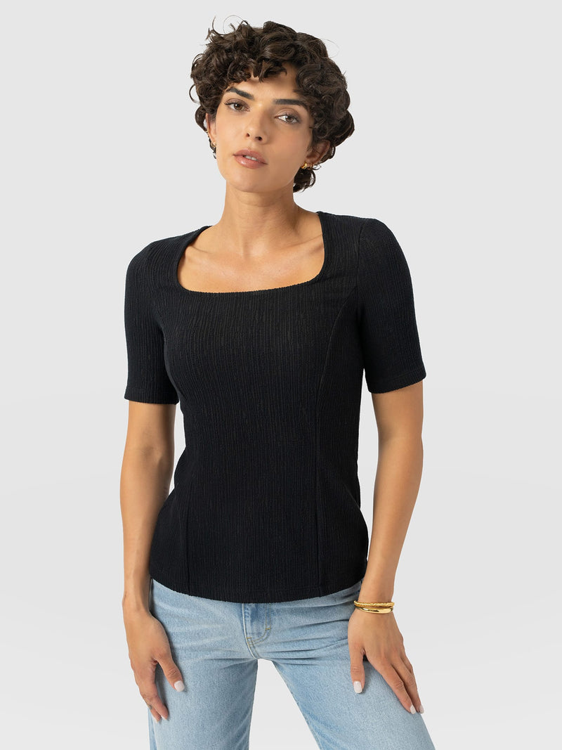 Akia Short Sleeve Tee - Black Textured - Women's T-Shirts | Saint and Sofia® EU