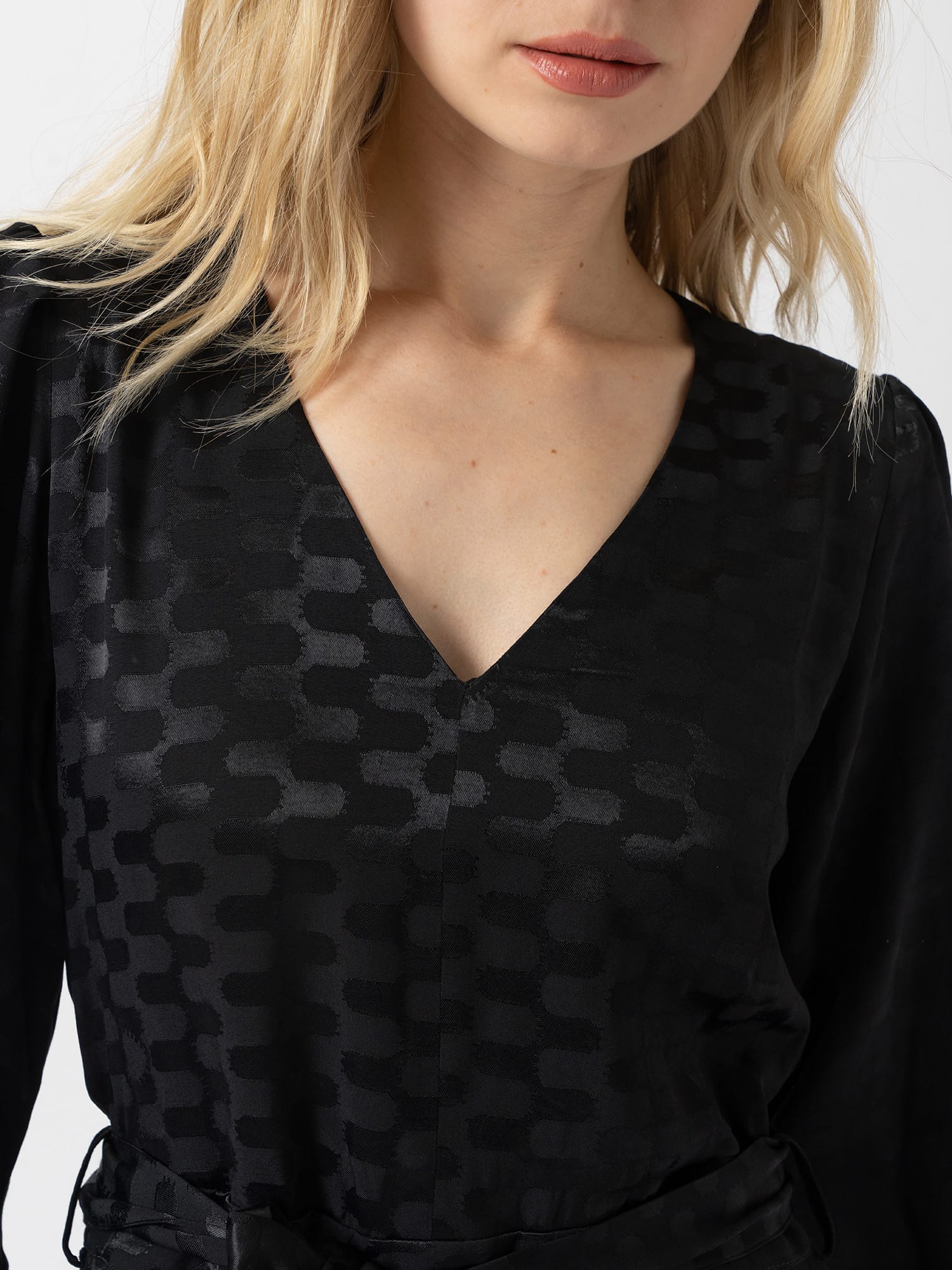 Allegra V Neck Dress - Black Jacquard - Women's Dresses | Saint and Sofia® EU