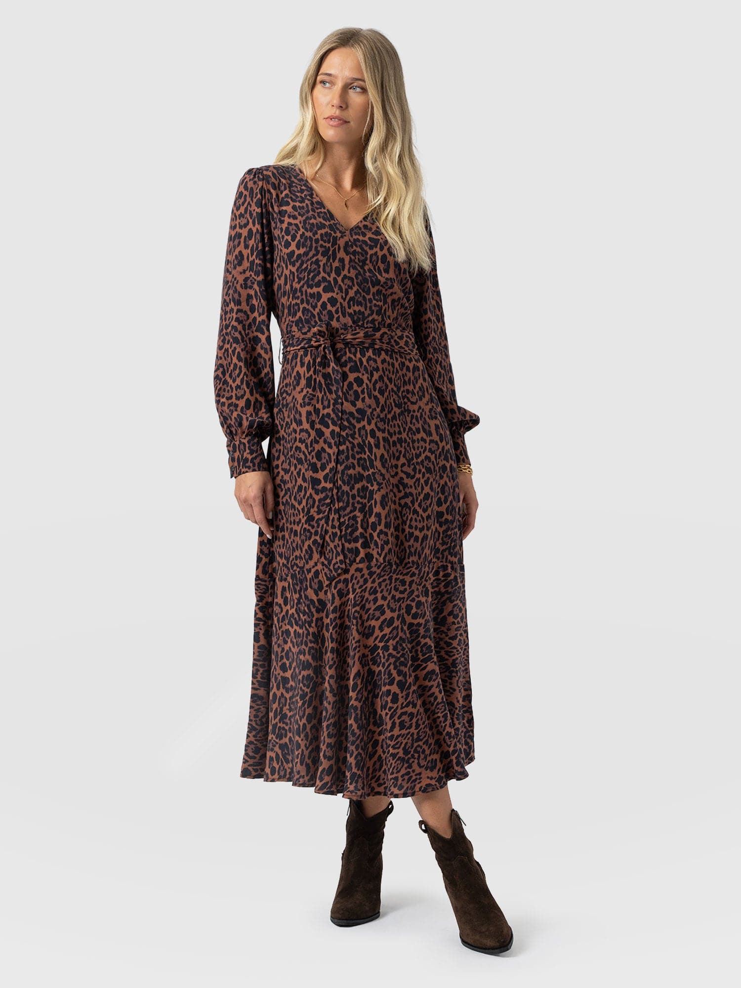 Allegra V Neck Dress - Brown Leopard - Women's Dresses | Saint + Sofia® EU