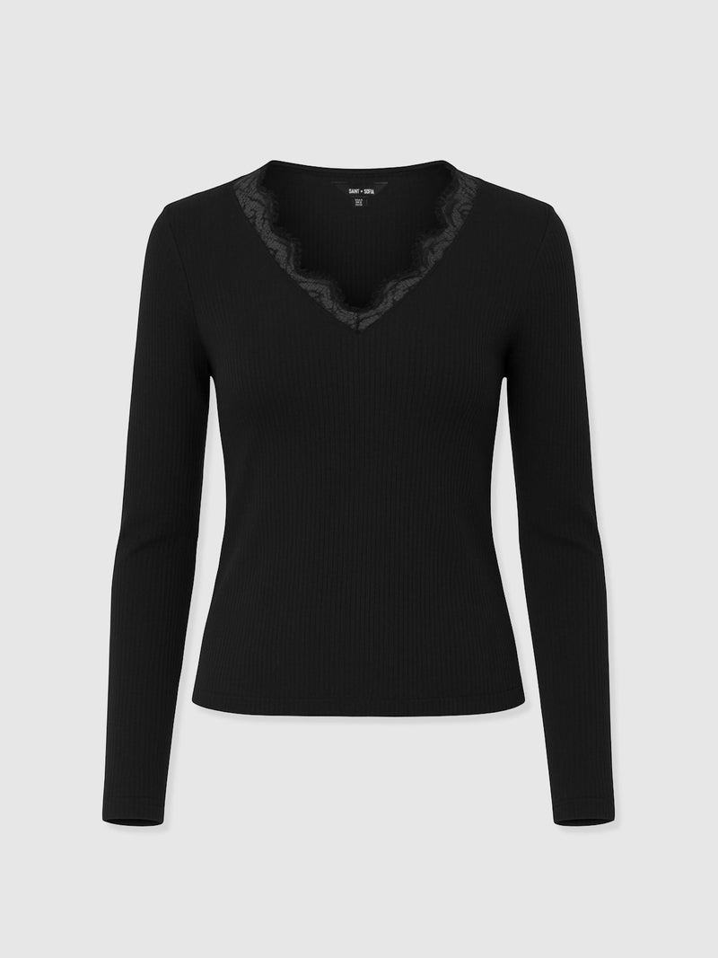 Andie V Neck Long Sleeve Tee - Black Lace - Women's T-shirts | Saint + Sofia® EU