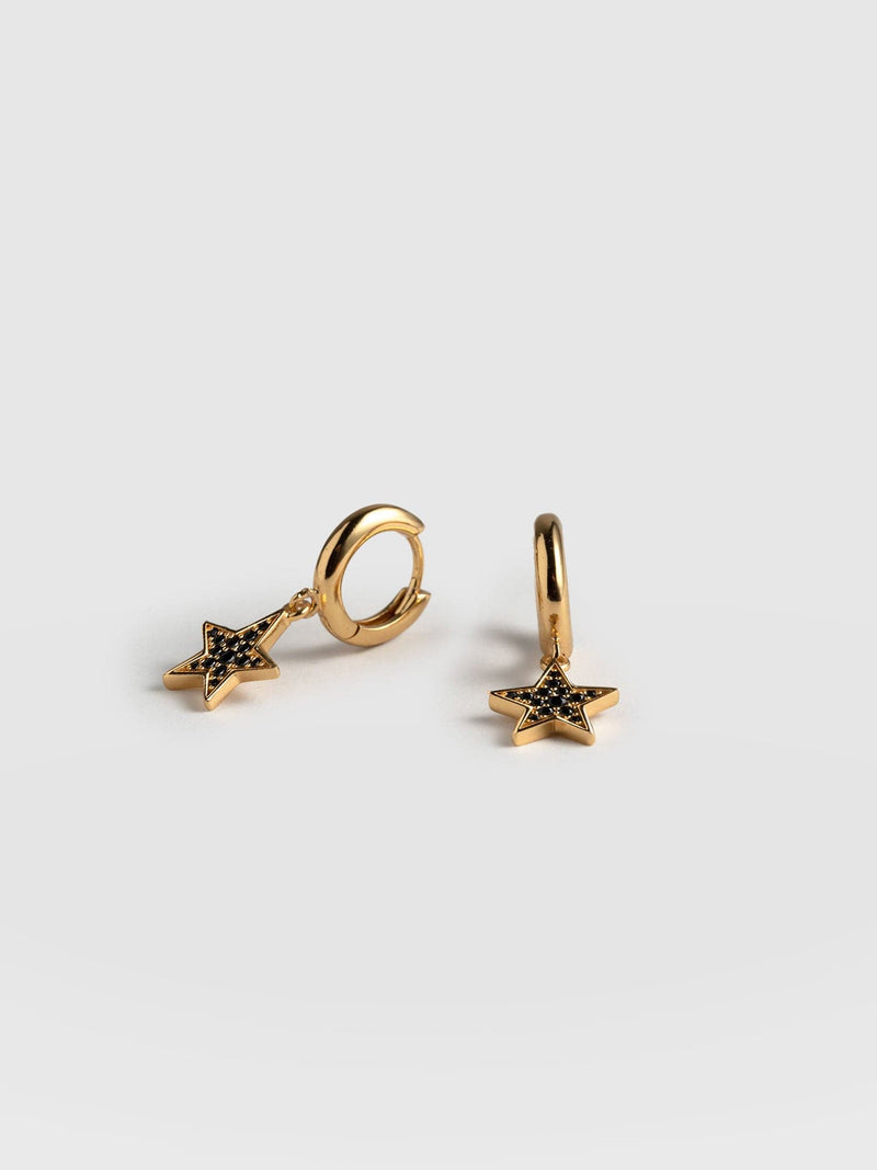 Astral Star Charm Drop Huggie Earrings Gold/Black - Women's Jewellery | Saint + Sofia® EU