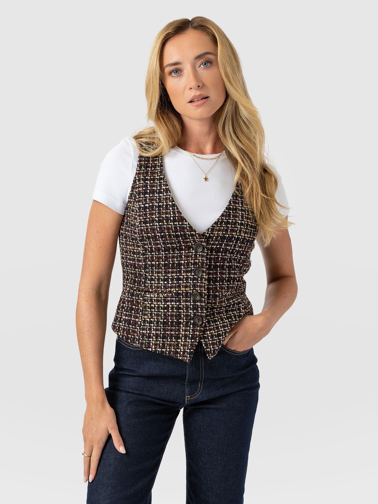 Astrid Waistcoat - Black/Burgundy/Gold Boucle - Women's Jackets | Saint + Sofia® EU