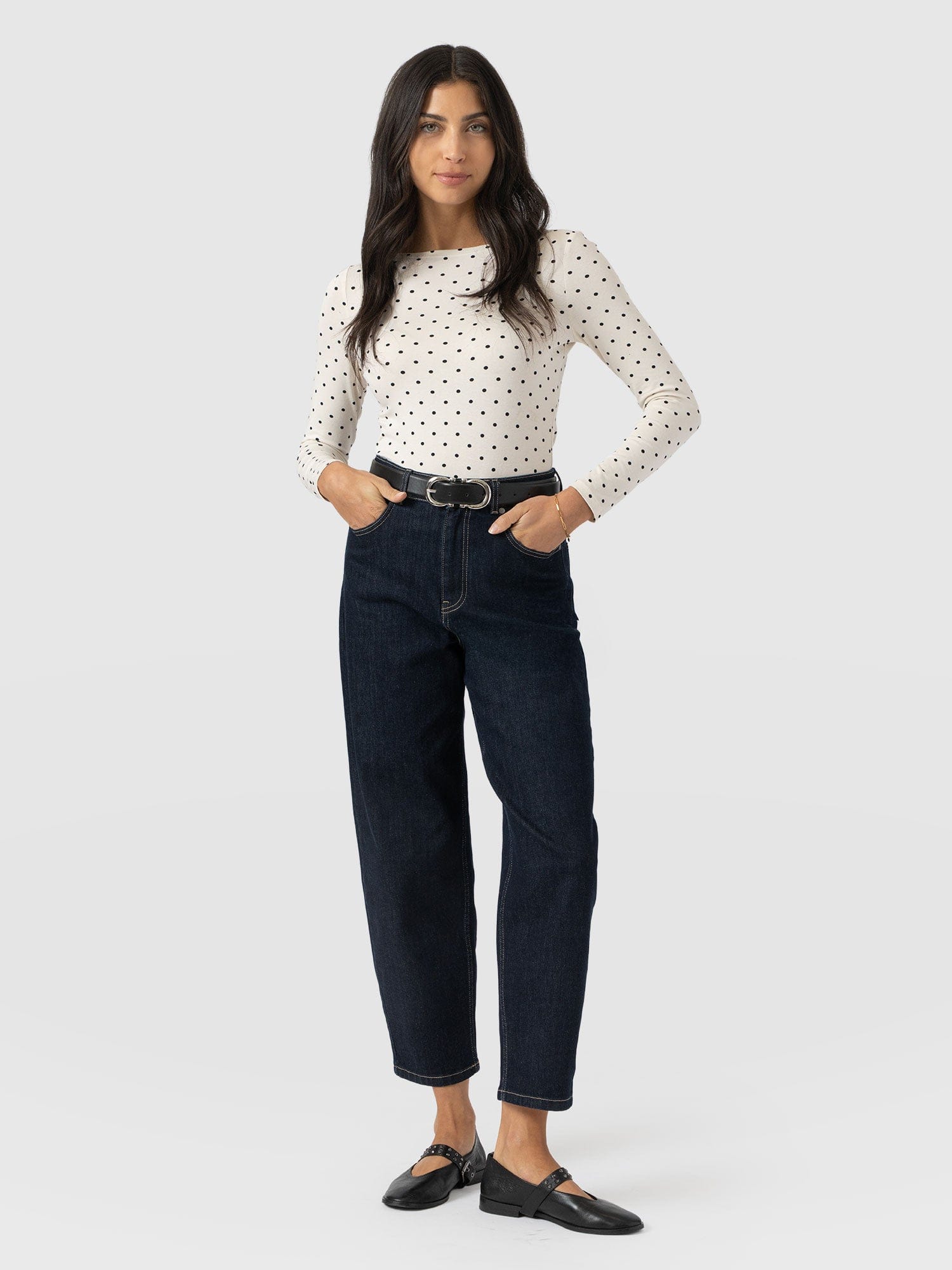 Austen Boat Neck Long Sleeve Tee - Cream Polka Dot - Women's T-shirts | Saint + Sofia® EU
