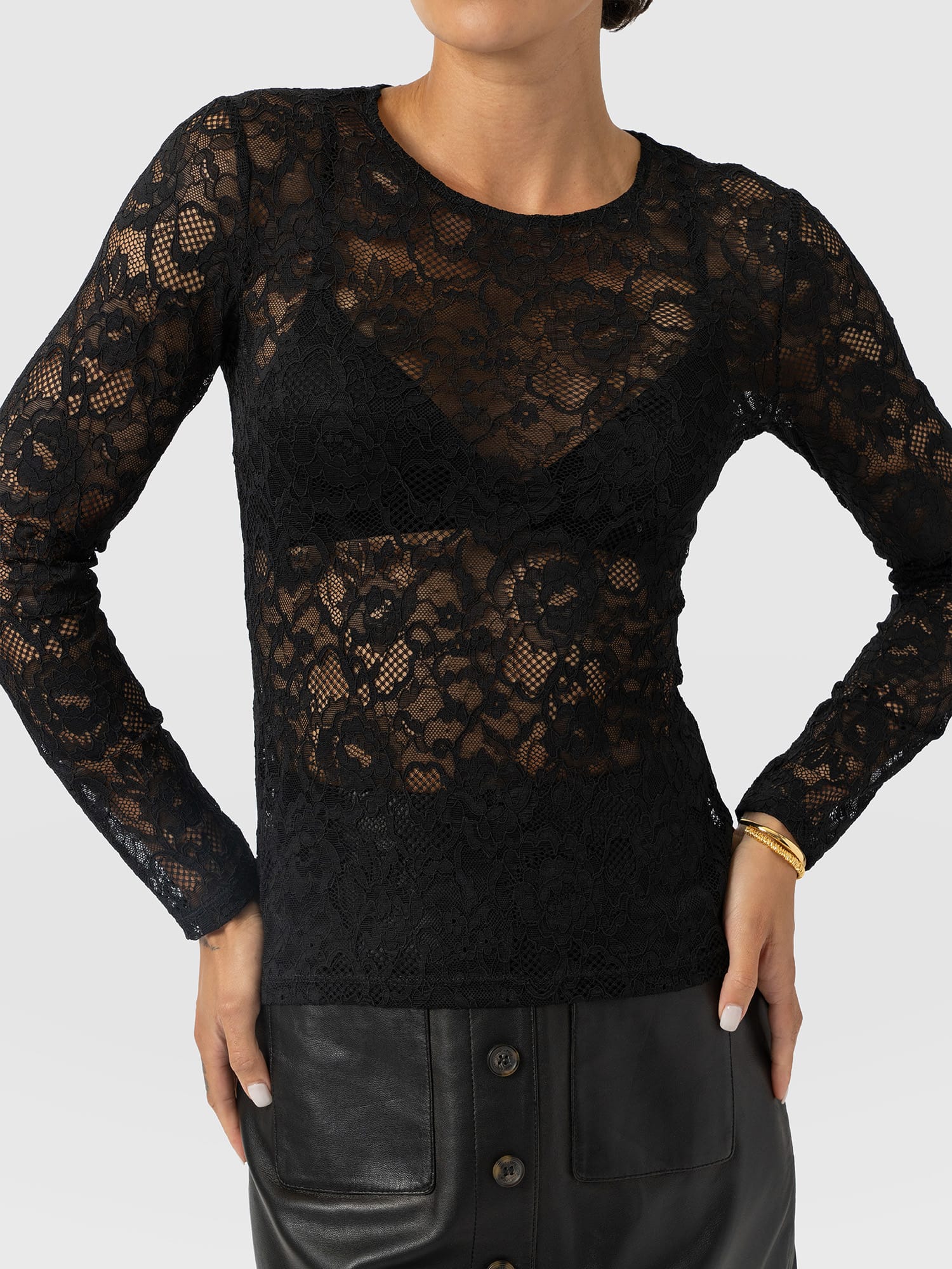 Austen Crew Neck Long Sleeve Tee - Black Lace - Women's T-shirts | Saint and Sofia® EU