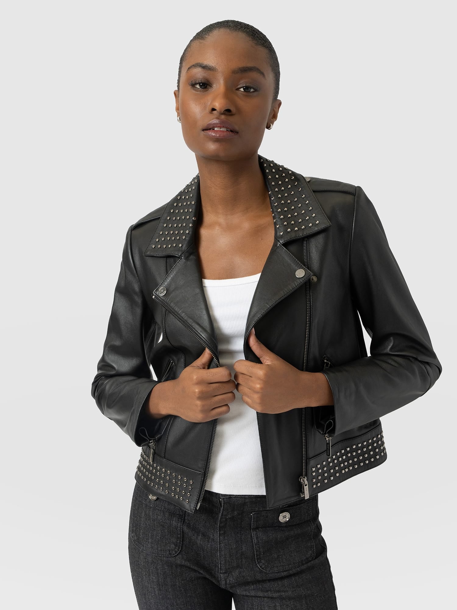 Bonham Studded Biker Jacket Black - Women's Leather Jacket | Saint and Sofia® EU