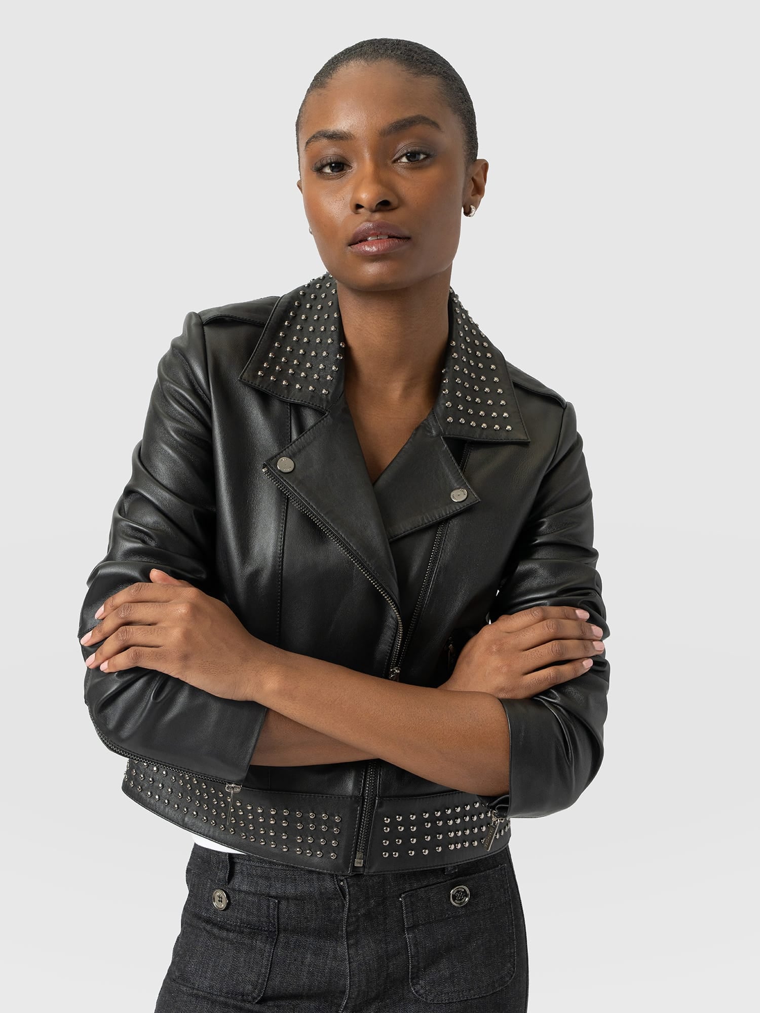 Bonham Studded Biker Jacket Black - Women's Leather Jacket | Saint and Sofia® EU