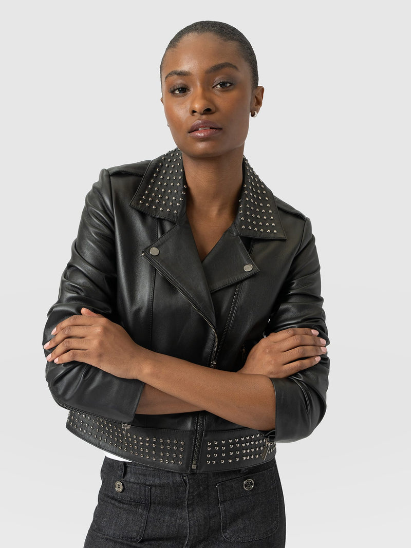 Bonham Studded Biker Jacket Black - Women's Leather Jacket | Saint and Sofia® EU