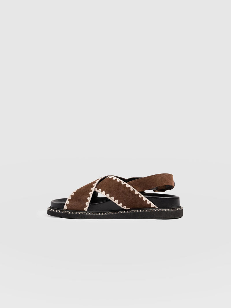 Bonnie Cross Over Sandals - Chocolate Suede - Women's Shoes | Saint + Sofia® EU