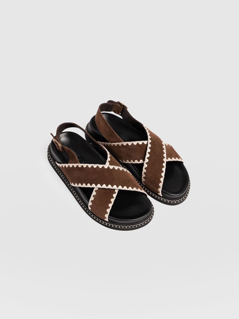 Bonnie Cross Over Sandals - Chocolate Suede - Women's Shoes | Saint + Sofia® EU
