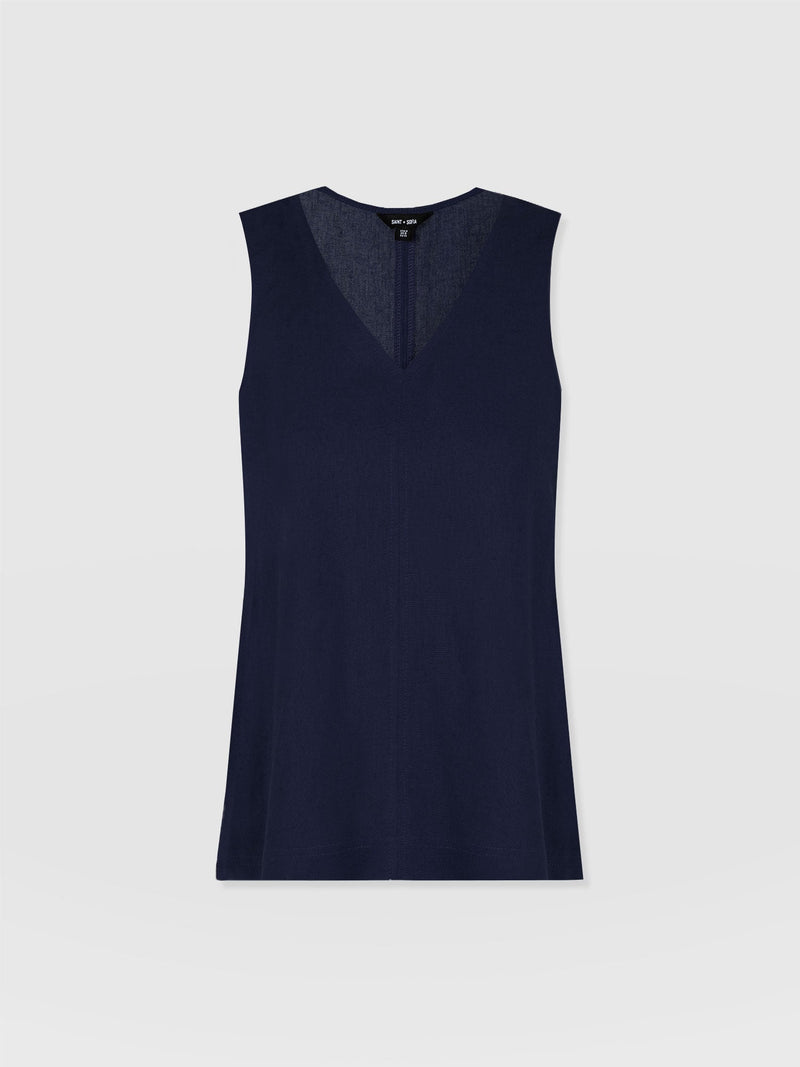 Corinne Linen V Neck Tunic - Navy - Women's T-shirts | Saint and Sofia® EU