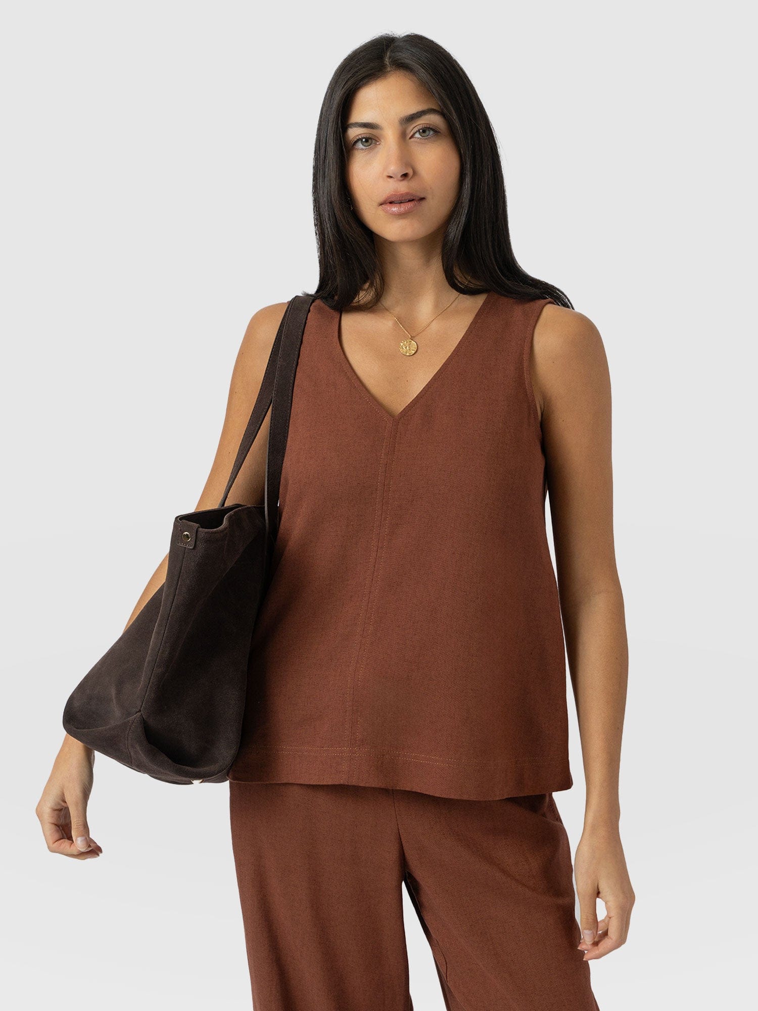 Corinne Linen V Neck Tunic - Russet Brown - Women's Tops | Saint + Sofia® EU