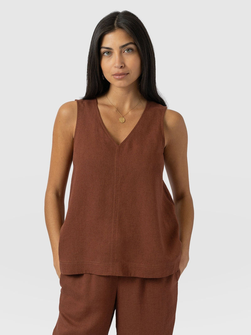 Corinne Linen V Neck Tunic - Russet Brown - Women's Tops | Saint + Sofia® EU