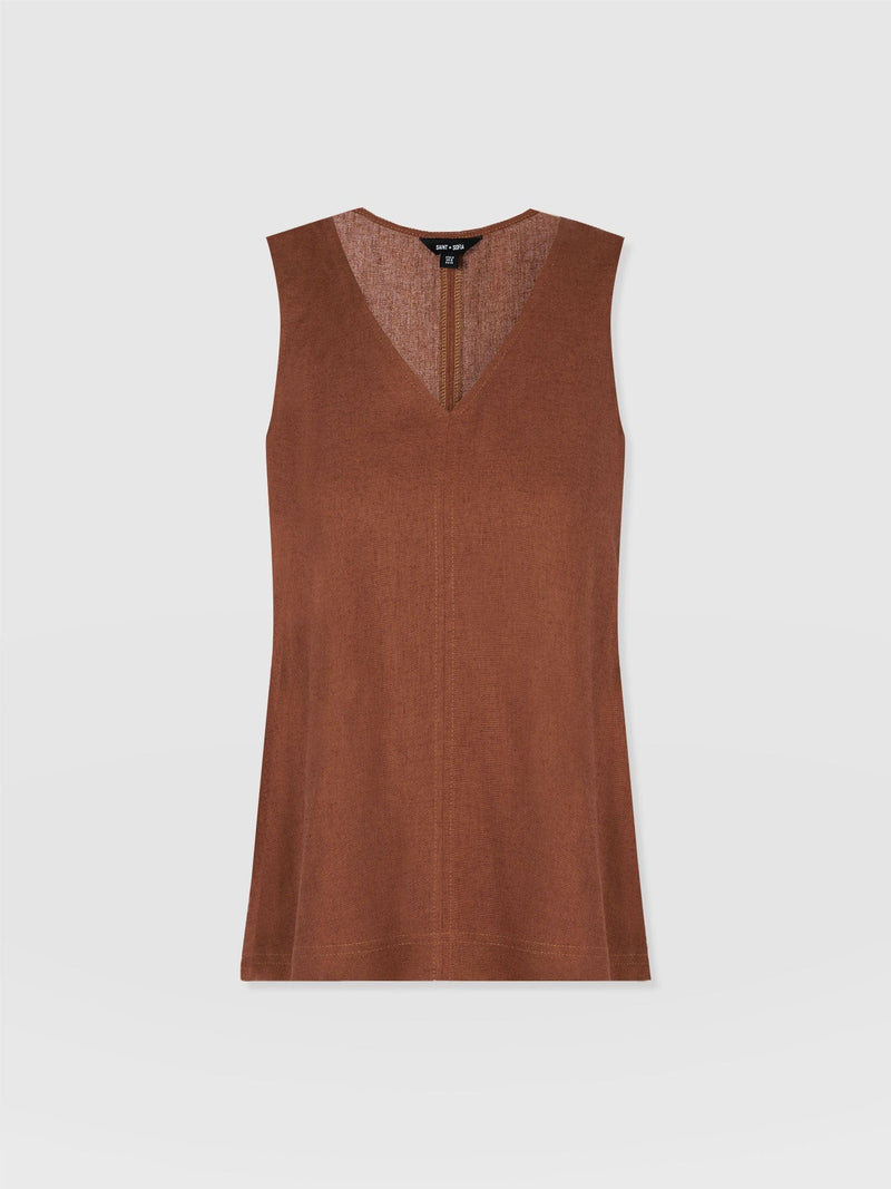 Corinne Linen V Neck Tunic - Russet Brown - Women's Tops | Saint + Sofia® EU