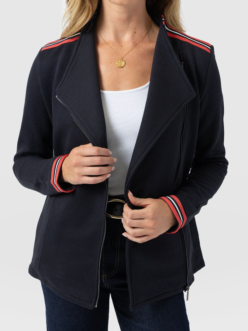 Cotton Biker Jacket Navy Stripe - Women's Jackets | Saint and Sofia® EU