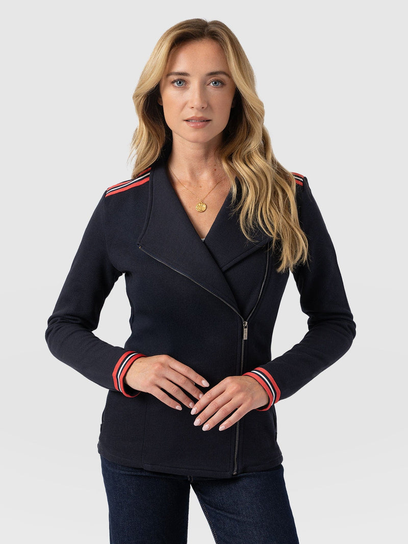 Cotton Biker Jacket Navy Stripe - Women's Jackets | Saint and Sofia® EU