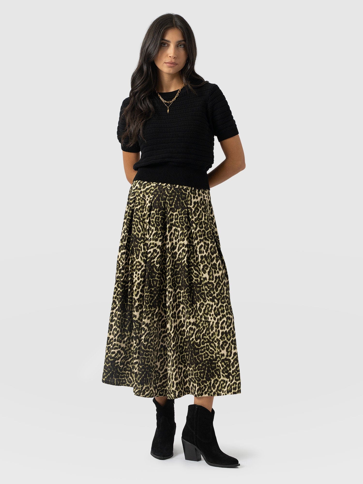 Eliza Pleated Skirt - Green Leopard - Women's Skirts | Saint + Sofia® EU