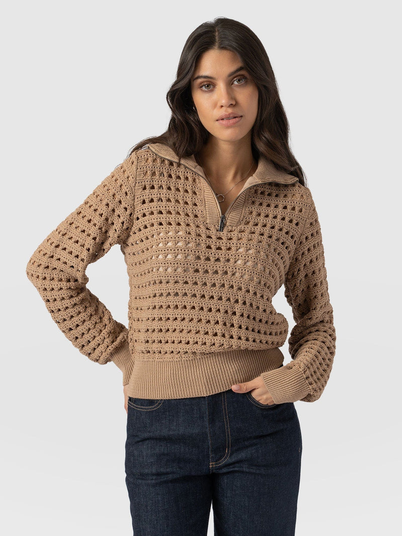 Ester Quarter Zip Knit - Camel - Women's Knitwear | Saint + Sofia® EU