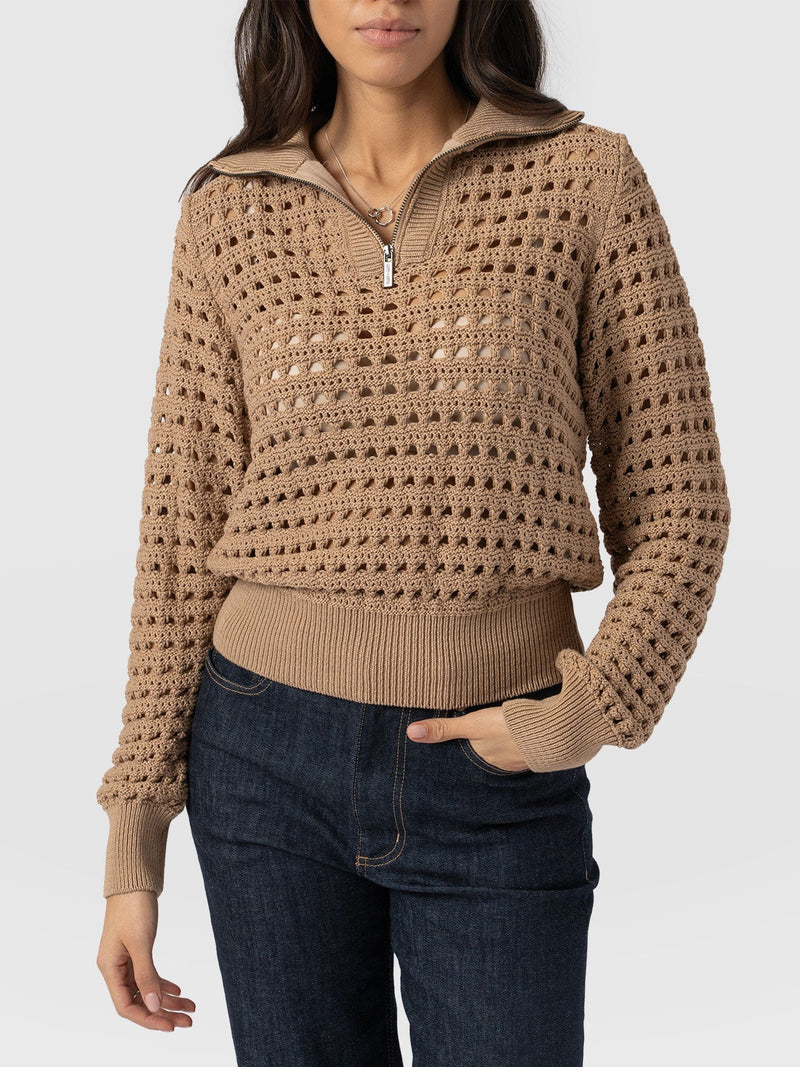 Ester Quarter Zip Knit - Camel - Women's Knitwear | Saint + Sofia® EU