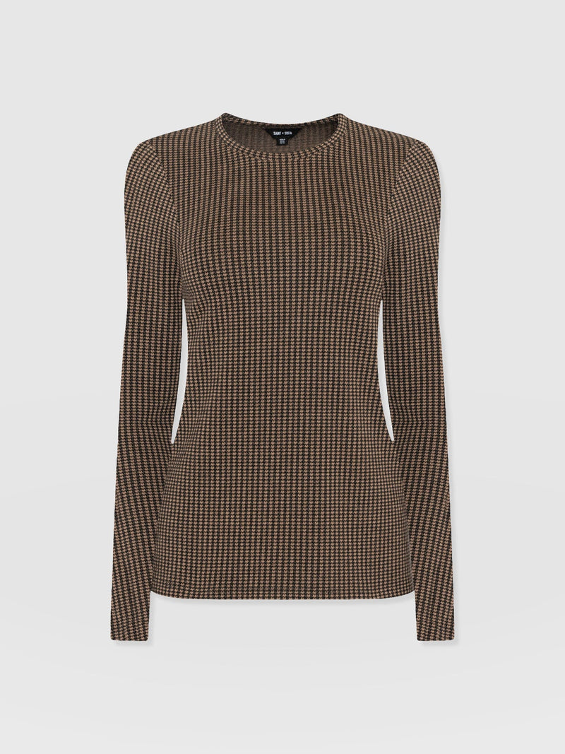 Glen Crew Neck Tee Long Sleeve - Brown Mini Houndstooth - Women's T-shirts | Saint + Sofia® EU