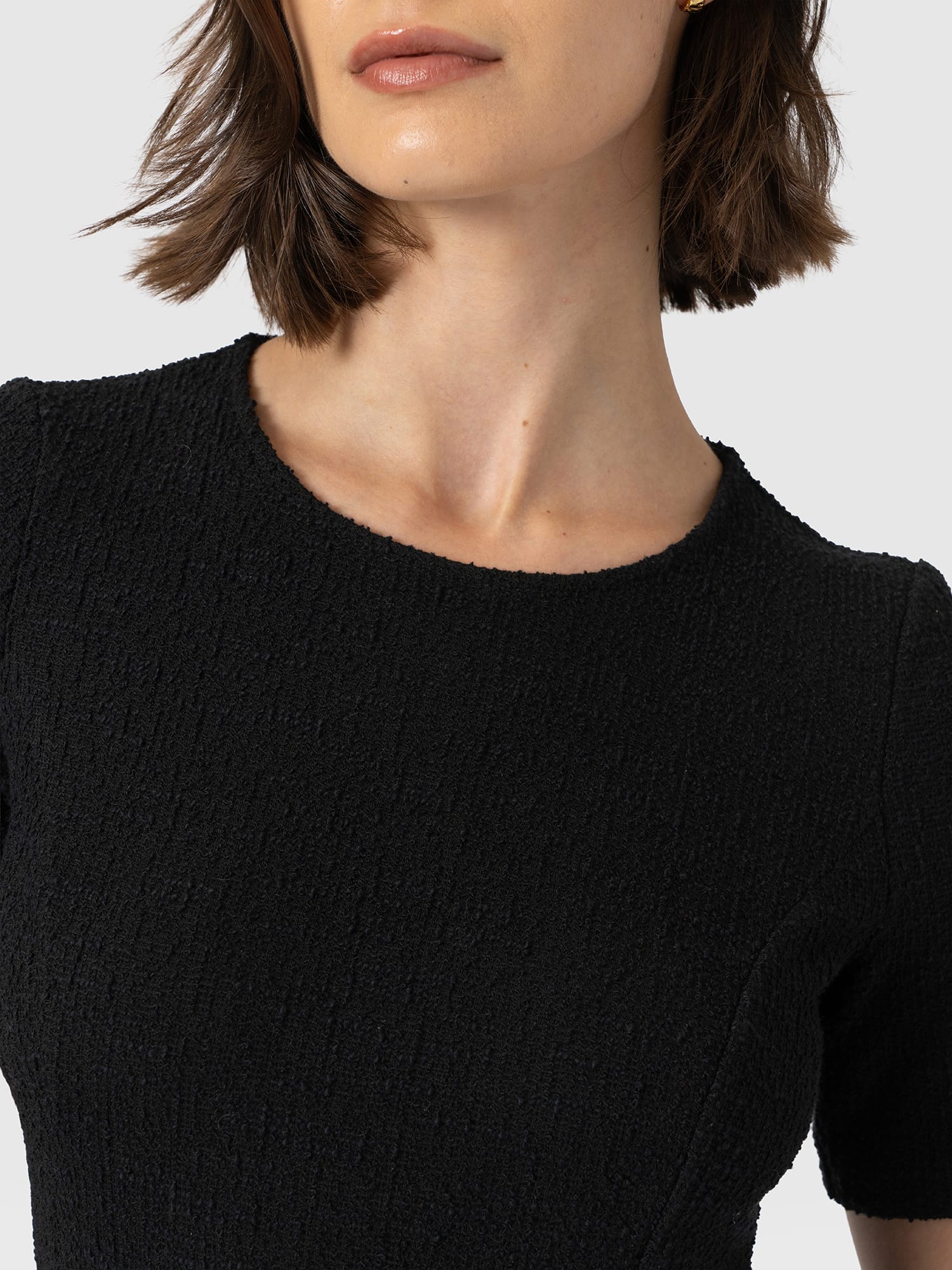 Lana Pleated Short Sleeve Dress - Black Boucle - Women's Dresses | Saint and Sofia® EU