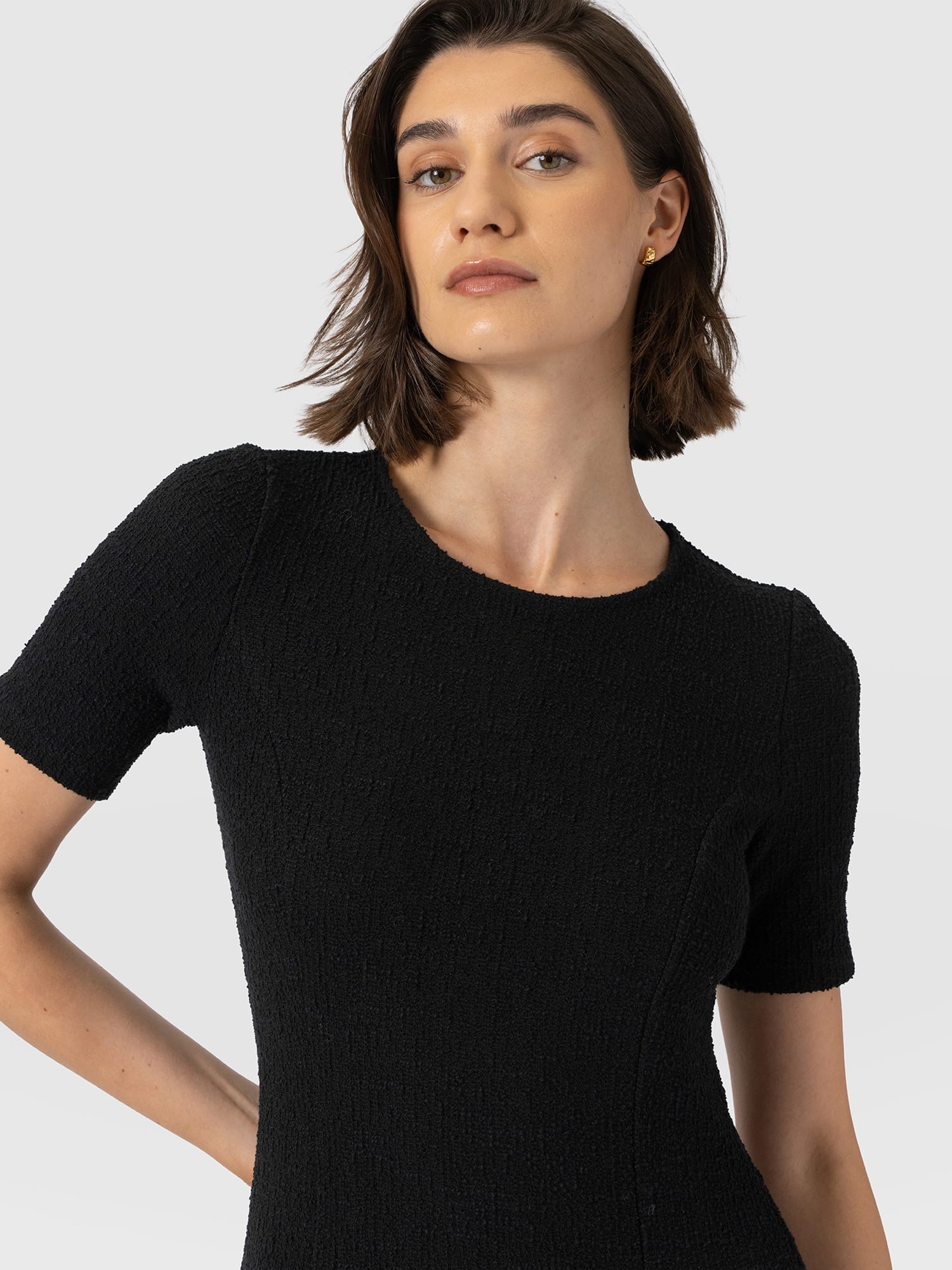 Lana Pleated Short Sleeve Dress - Black Boucle - Women's Dresses | Saint and Sofia® EU