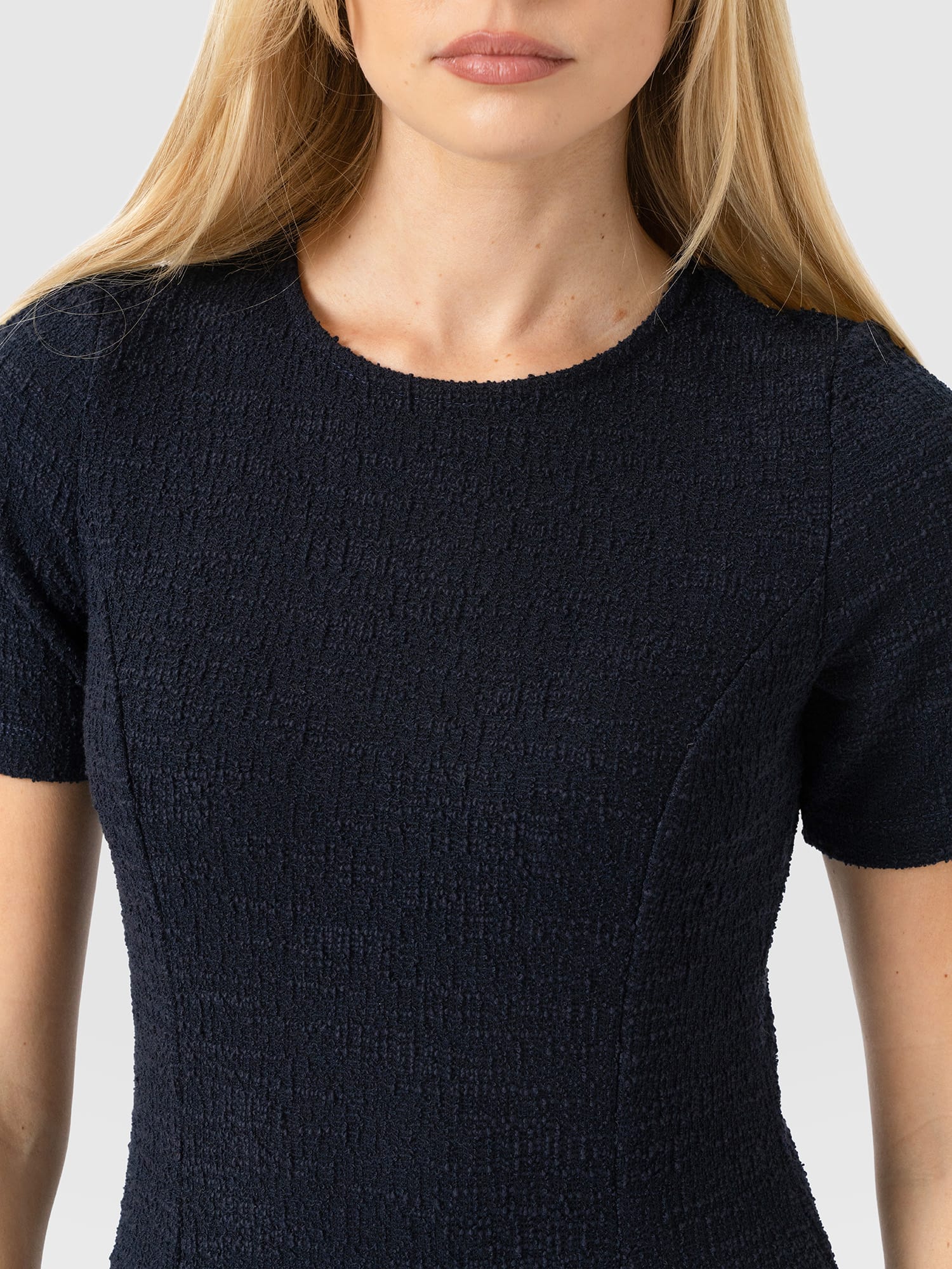 Lana Pleated Short Sleeve Dress - Navy Boucle - Women's Dresses | Saint and Sofia® EU