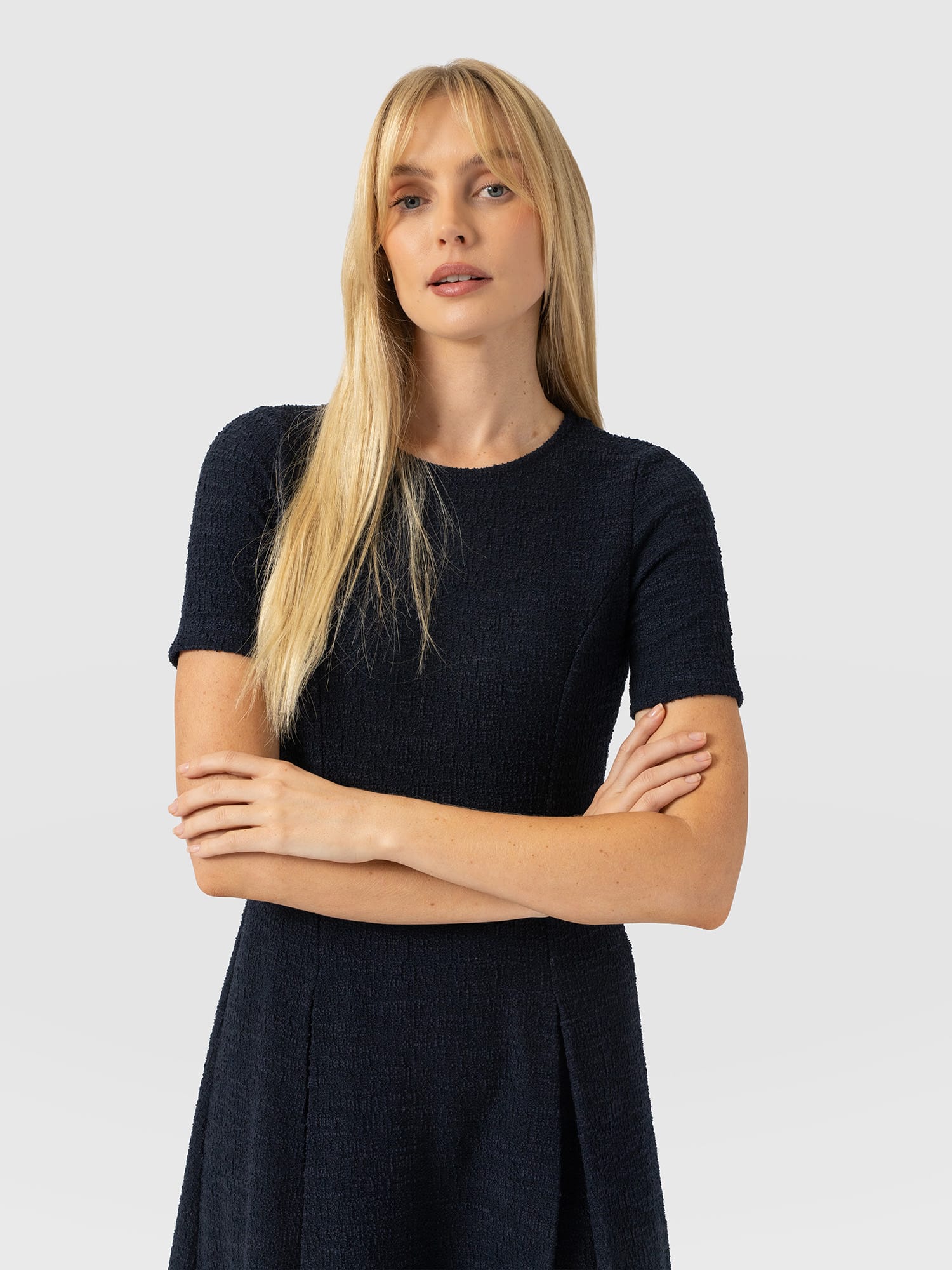 Lana Pleated Short Sleeve Dress - Navy Boucle - Women's Dresses | Saint and Sofia® EU