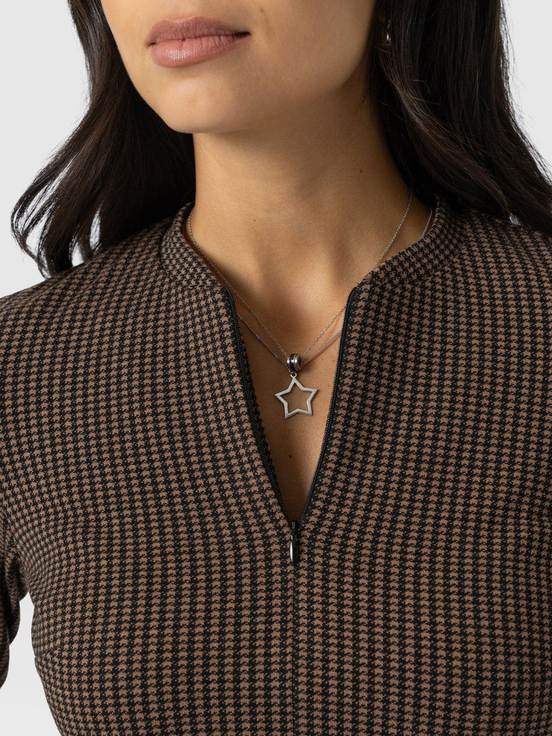 Macie Zip Up Dress - Brown Mini Houndstooth - Women's Dresses | Saint + Sofia® EU