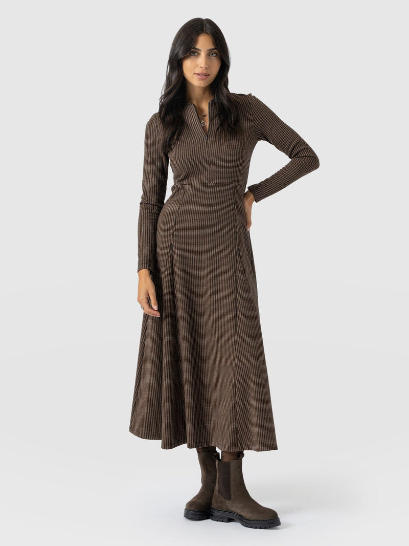 Macie Zip Up Dress - Brown Mini Houndstooth - Women's Dresses | Saint + Sofia® EU