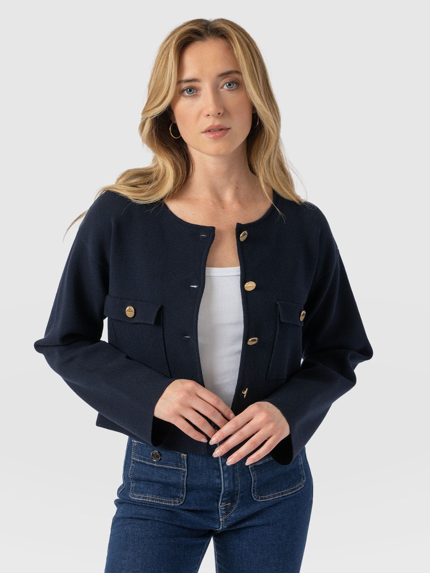 Maeva Knit Jacket Navy - Women's Jacket | Saint + Sofia® EU