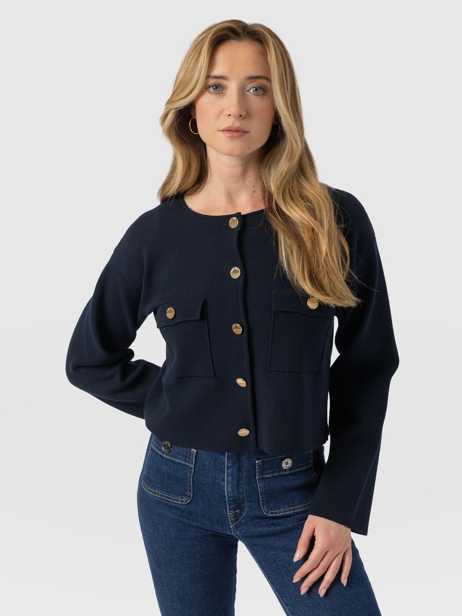 Maeva Knit Jacket Navy - Women's Jacket | Saint + Sofia® EU