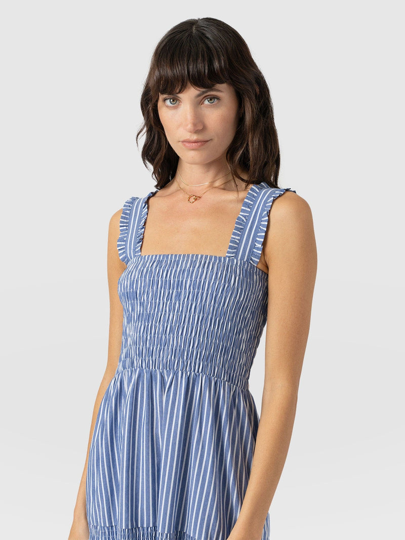 Maya Shirring Dress - Blue Stripe - Women's Dresses | Saint + Sofia® EU