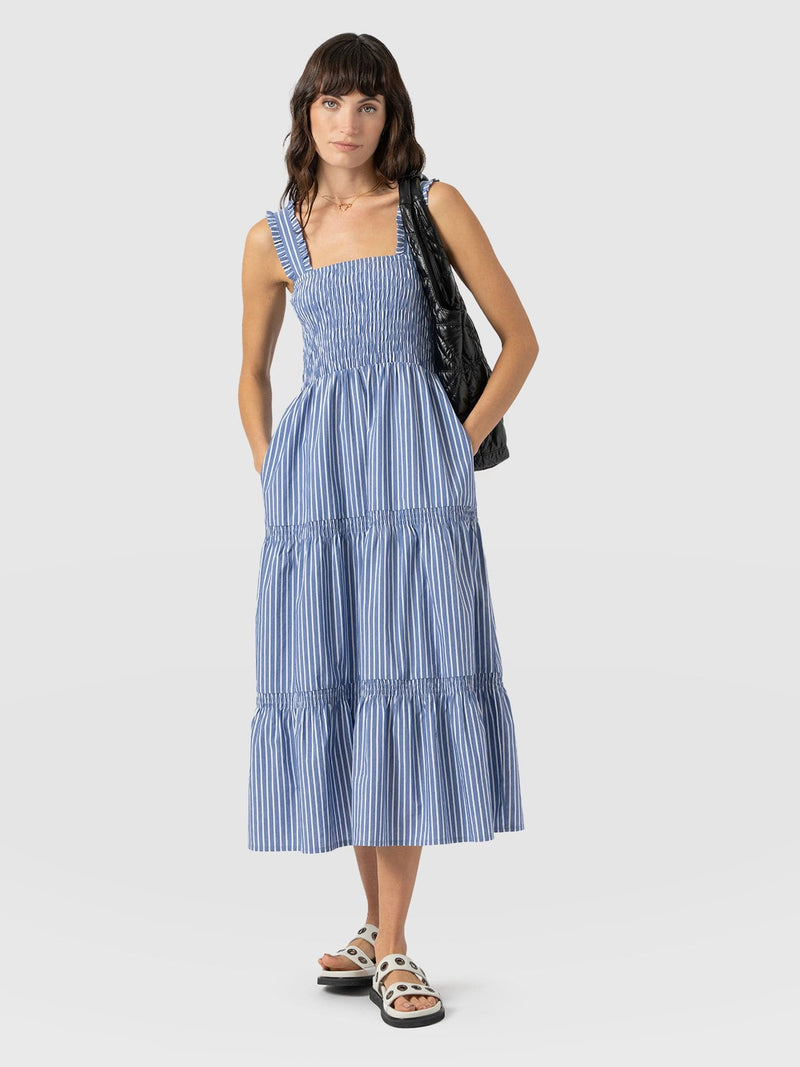 Maya Shirring Dress - Blue Stripe - Women's Dresses | Saint + Sofia® EU