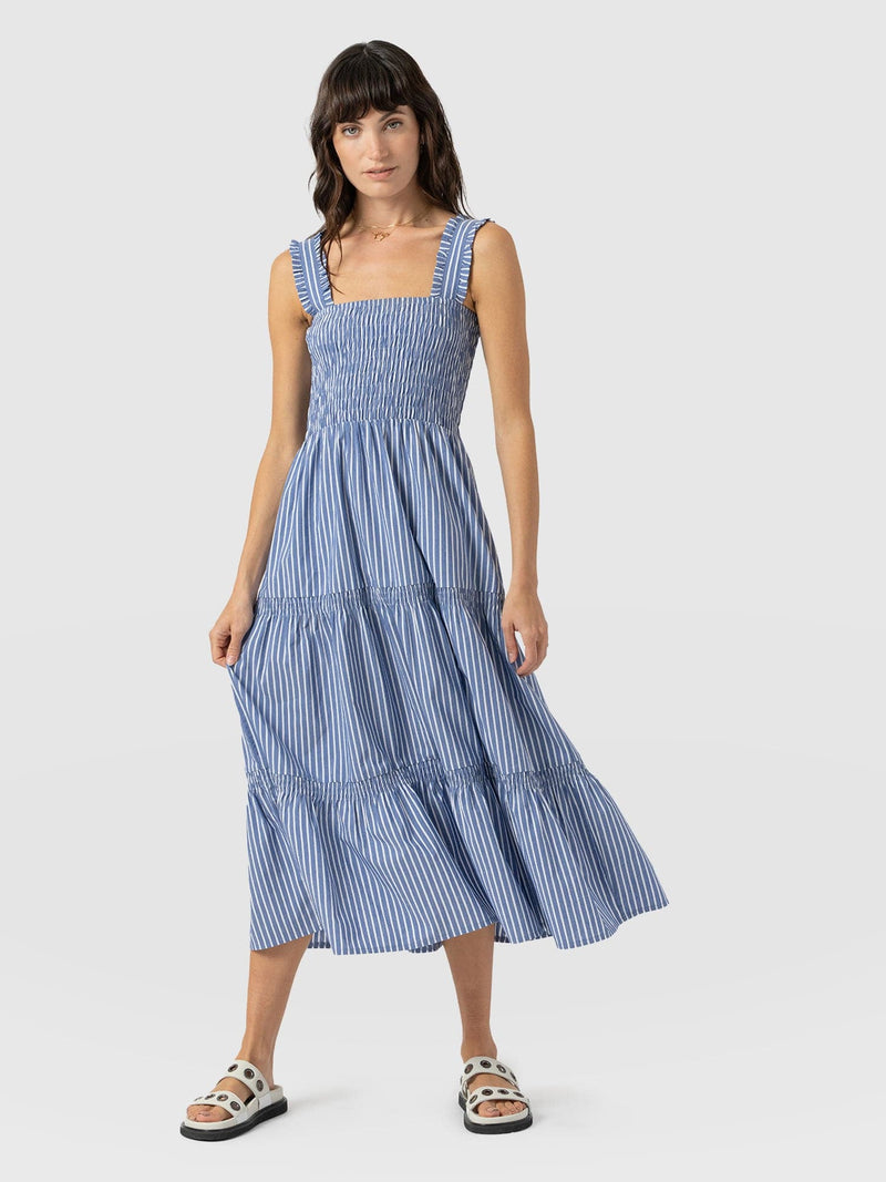 Maya Shirring Dress - Blue Stripe - Women's Dresses | Saint + Sofia® EU