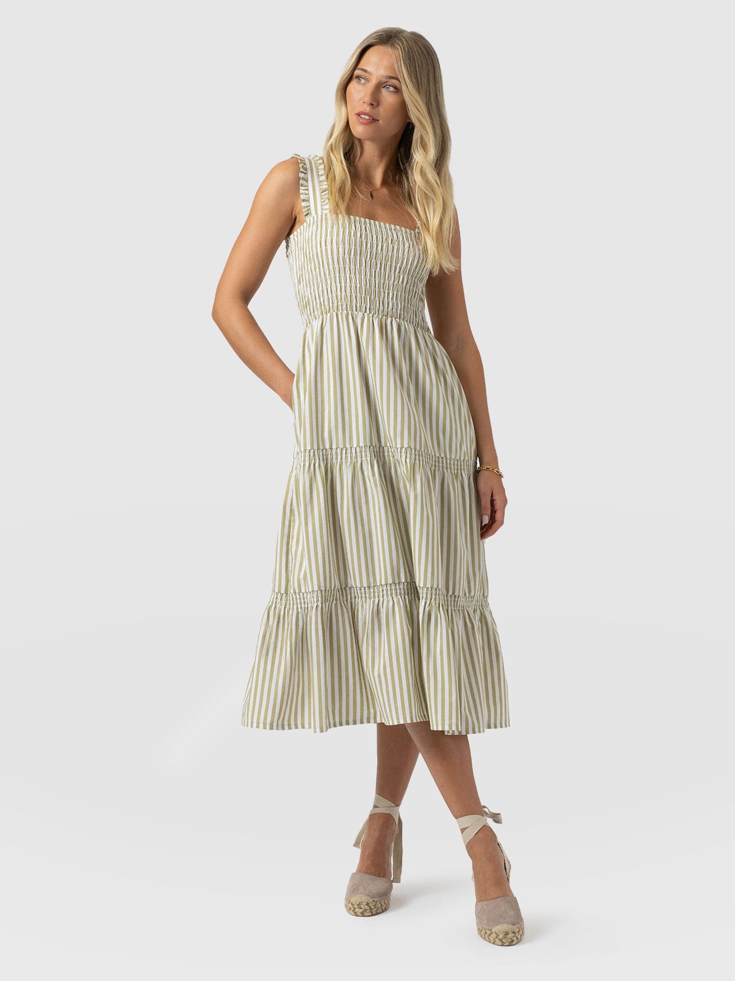 Maya Shirring Dress - Green Stripe - Women's Dresses | Saint + Sofia® EU