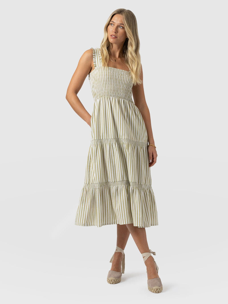 Maya Shirring Dress - Green Stripe - Women's Dresses | Saint + Sofia® EU
