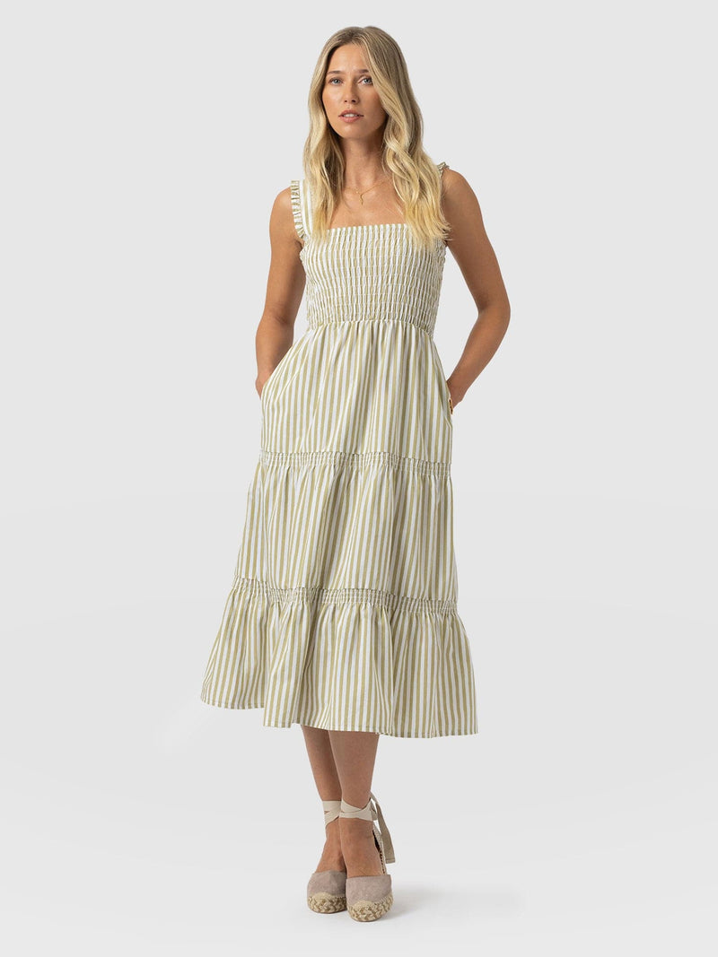 Maya Shirring Dress - Green Stripe - Women's Dresses | Saint + Sofia® EU