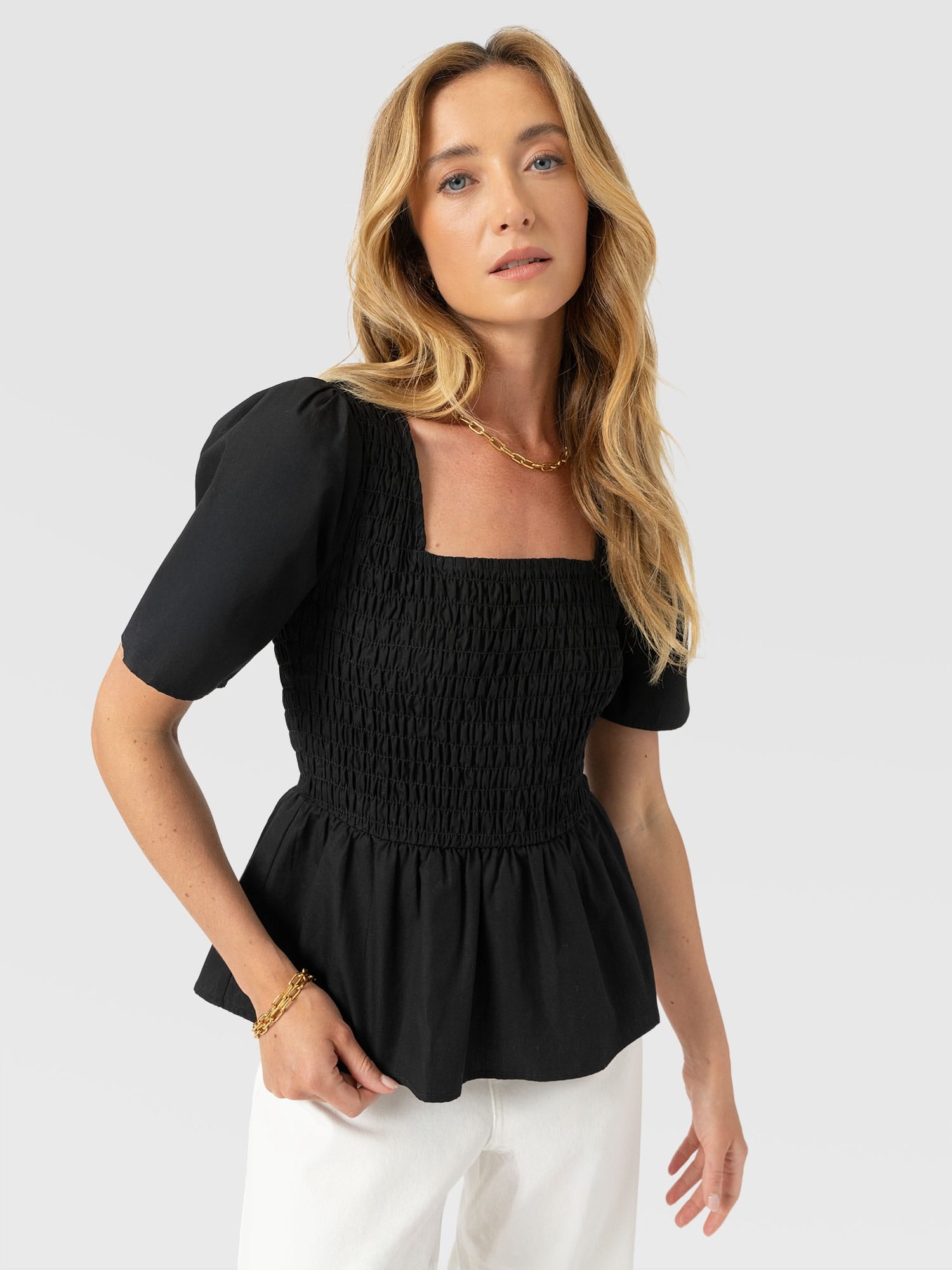 Maya Shirring Peplum Top - Black - Women's T-shirts | Saint + Sofia® EU