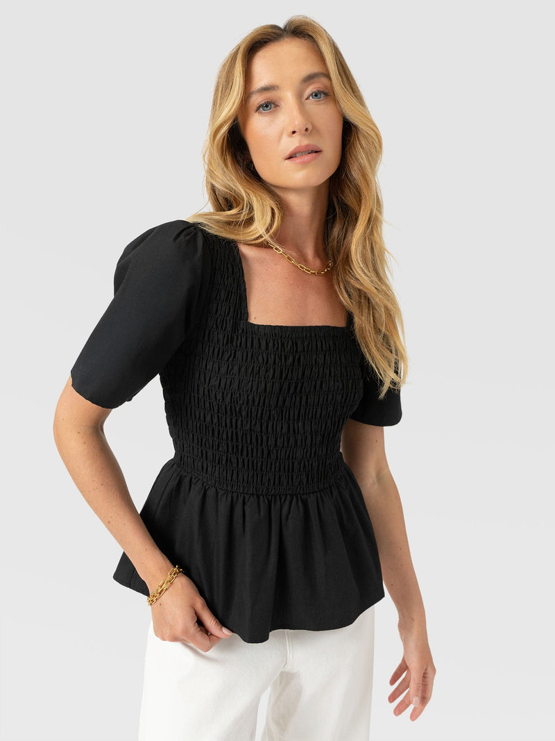 Maya Shirring Peplum Top - Black - Women's T-shirts | Saint + Sofia® EU