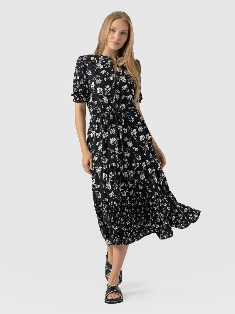 Olivia Zip Up Short Sleeve Dress - Black Spring Floral - Women's Dresss | Saint + Sofia® EU
