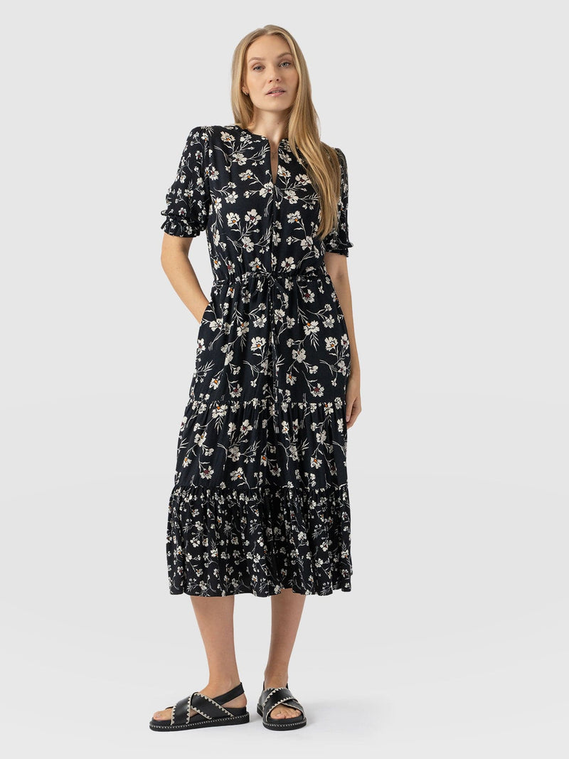 Olivia Zip Up Short Sleeve Dress - Black Spring Floral - Women's Dresss | Saint + Sofia® EU