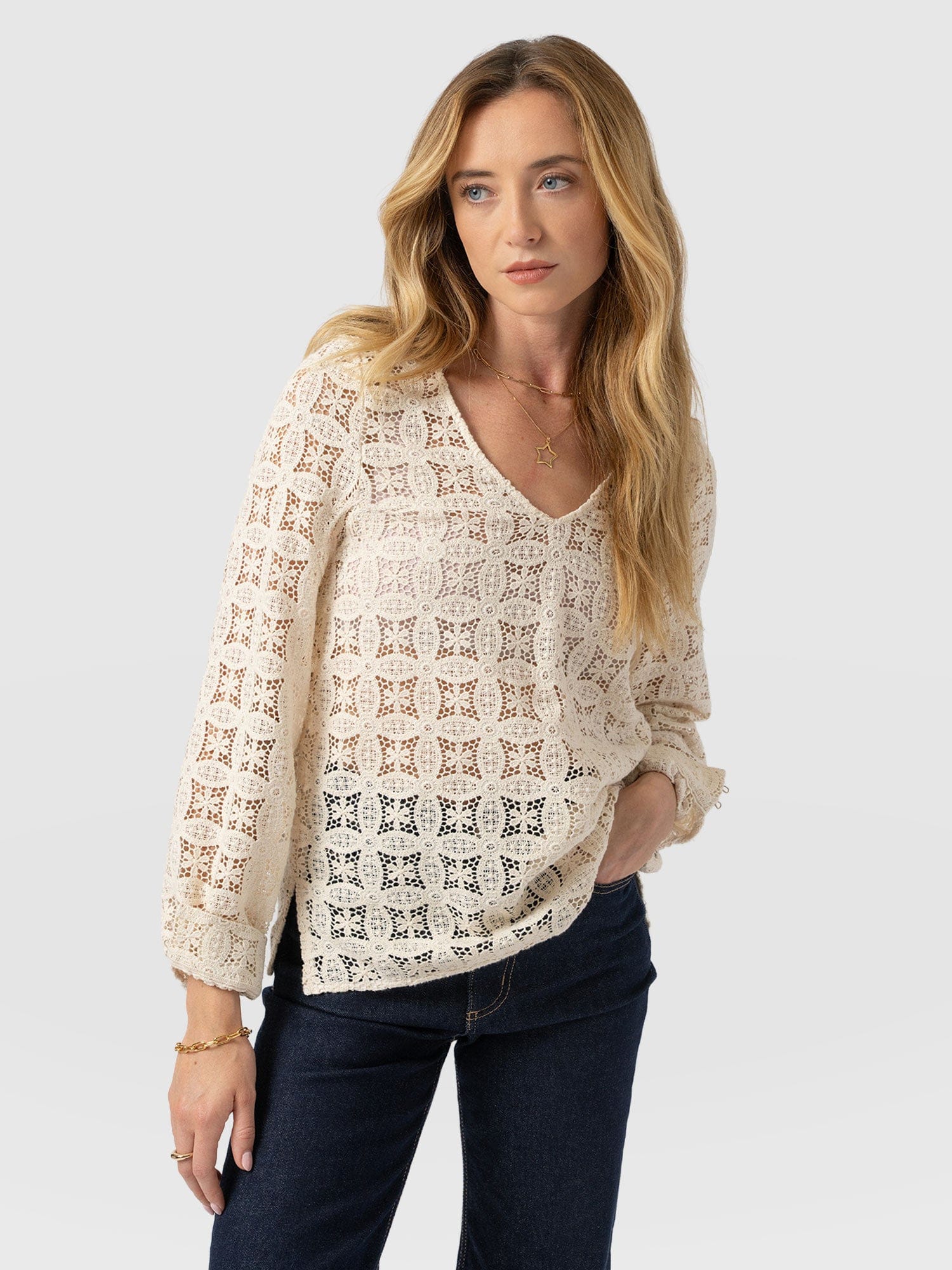 Ottilie V Neck Blouse - Cream Broderie - Women's Blouses | Saint + Sofia® EU