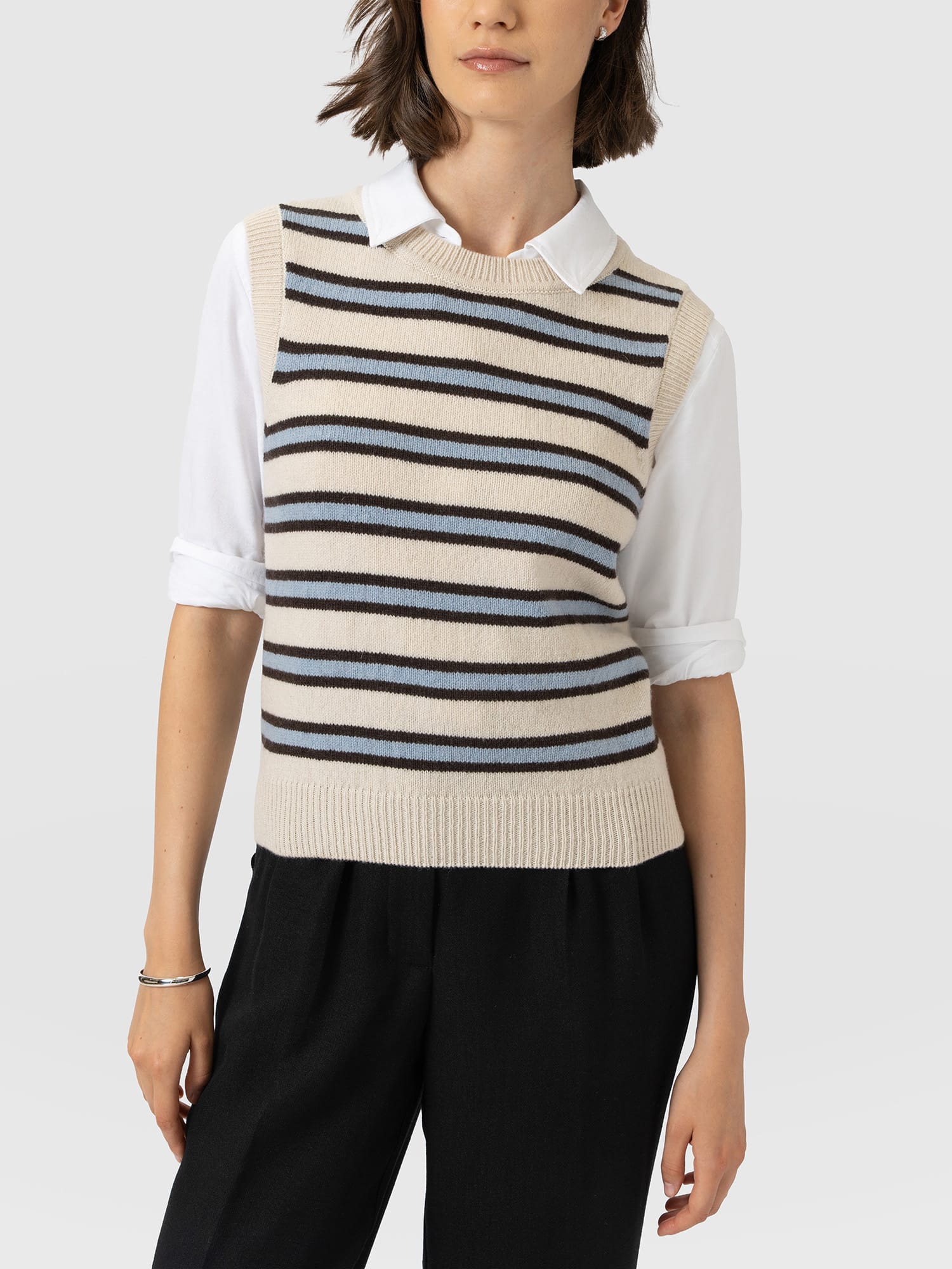 Oxford Cashmere Sleeveless Knit - Cream Stripe - Women's Jumpers | Saint and Sofia® EU
