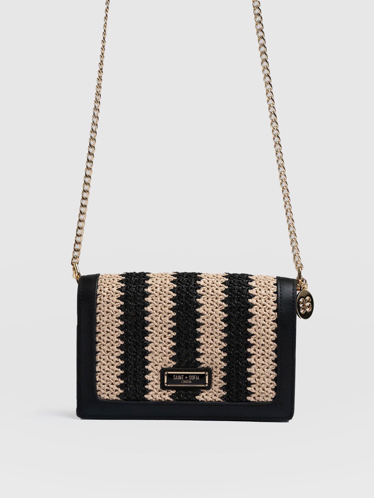 Primrose Wallet on Chain - Beige/Black Raffia - Women's Bags | Saint + Sofia® EU