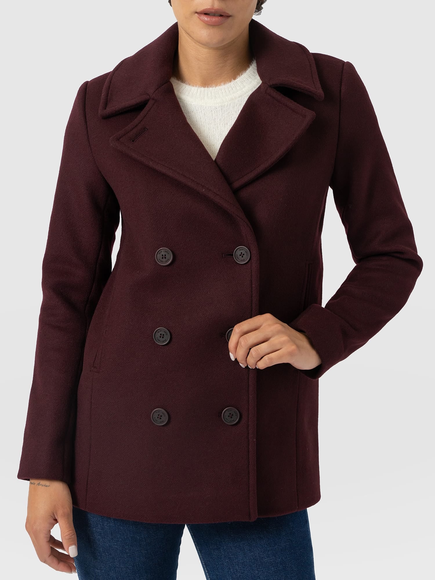 Quinn Pea Coat - Maroon - Women's Outerwears | Saint and Sofia® EU