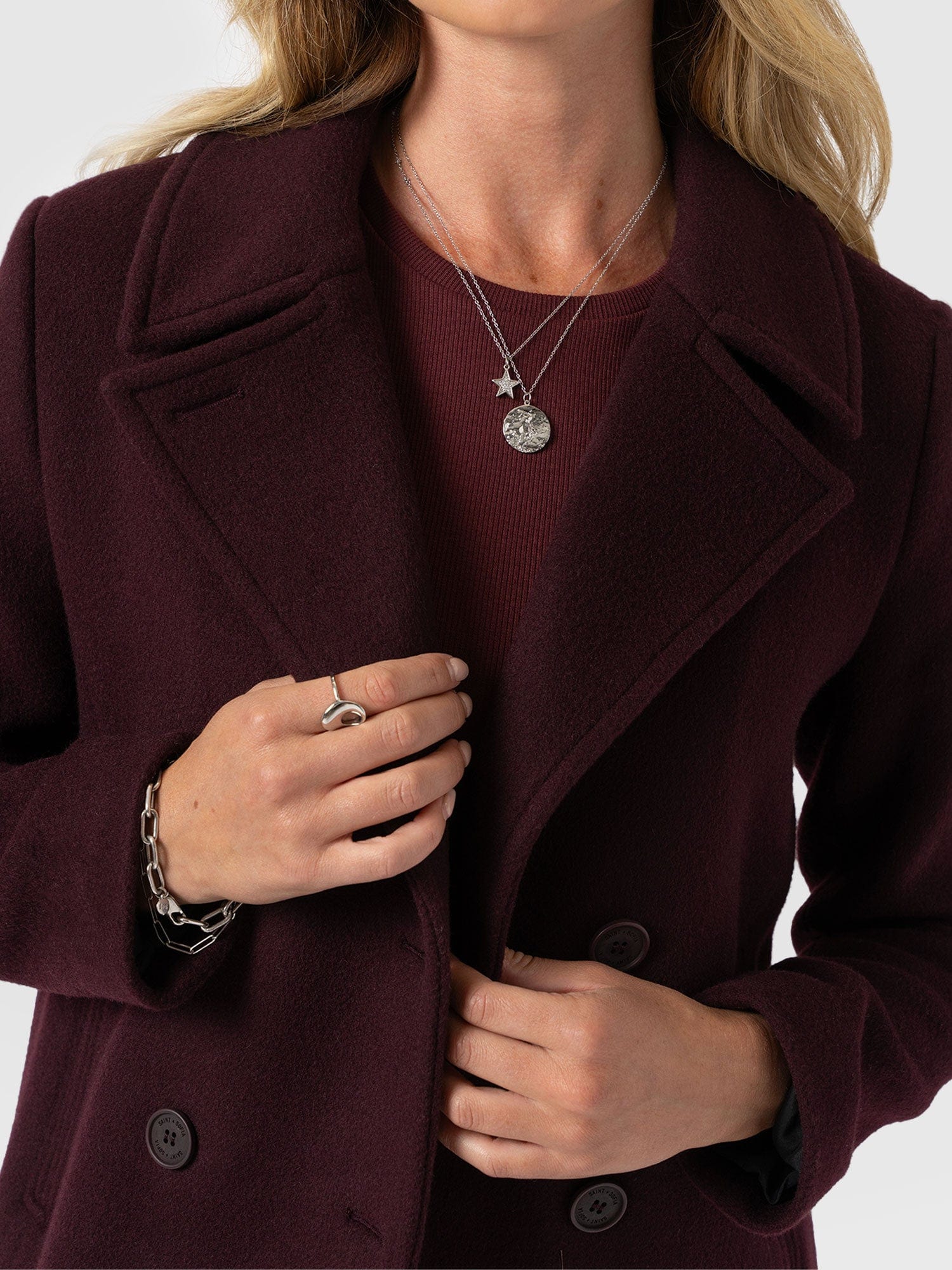 Quinn Pea Coat - Maroon - Women's Outerwears | Saint + Sofia® EU