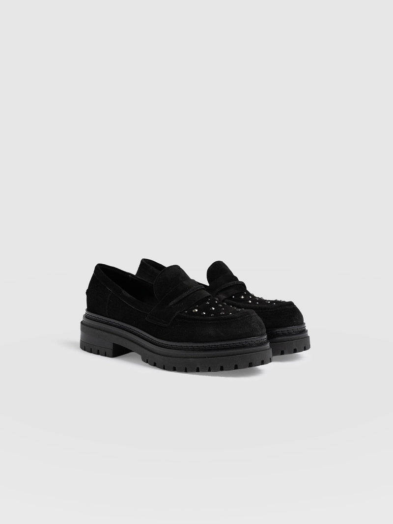 Raine Studded Loafer Black Suede- Women's Loafers | Saint + Sofia® EU