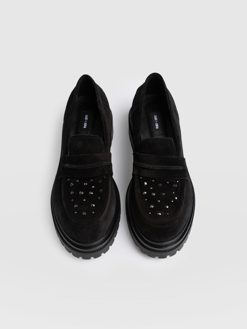 Raine Studded Loafer Black Suede- Women's Loafers | Saint + Sofia® EU